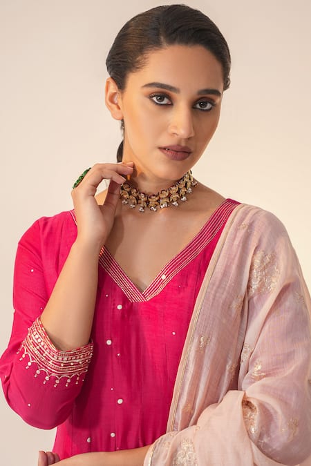 Label Mansi Nagdev_Red Cotton, Silk Embroidery, Gota Patti V-neck Tashreen Anarkali Trouser Set _at_Aza_Fashions