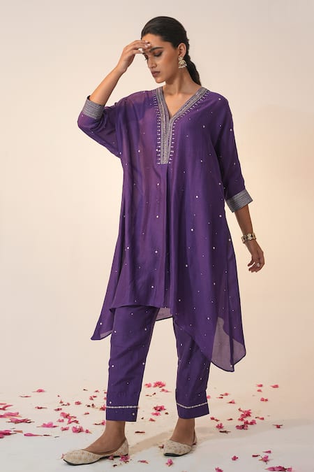 Label Mansi Nagdev Purple Cotton, Silk Embroidery, Gota Patti V-neck Inara Hand Kurta With Trouser Online at Aza Fashions Label Mansi Nagdev_Purple Cotton, Silk Embroidery, Gota Patti V-neck Inara Hand Kurta With Trouser _Online_at_Aza_Fashions