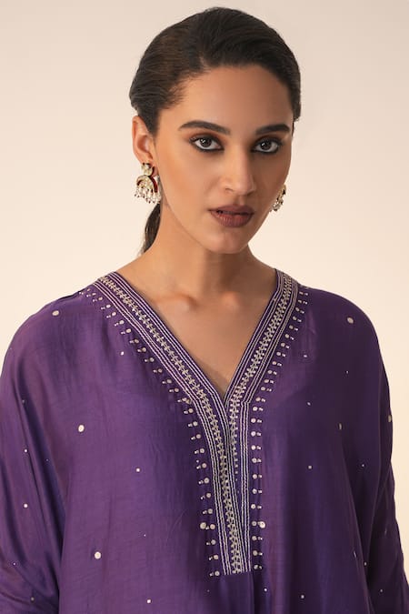Buy Label Mansi Nagdev Purple Cotton, Silk Embroidery, Gota Patti V-neck Inara Hand Kurta With Trouser Online at Aza Fashions Buy_Label Mansi Nagdev_Purple Cotton, Silk Embroidery, Gota Patti V-neck Inara Hand Kurta With Trouser _Online_at_Aza_Fashions