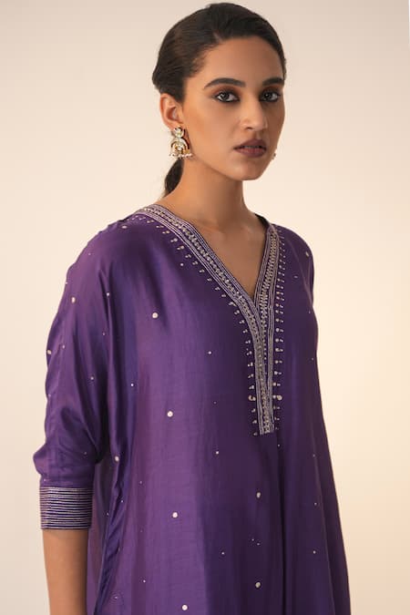 Shop Label Mansi Nagdev Purple Cotton, Silk Embroidery, Gota Patti V-neck Inara Hand Kurta With Trouser Online at Aza Fashions Shop_Label Mansi Nagdev_Purple Cotton, Silk Embroidery, Gota Patti V-neck Inara Hand Kurta With Trouser _Online_at_Aza_Fashions