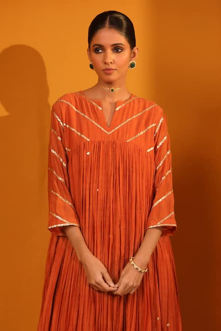Sitaraa Orange Chanderi, Silk Organza Embroidery, Ankan Gathered Anarkali Pant Set Online at Aza Fashions Sitaraa_Orange Chanderi, Silk Organza Embroidery, Ankan Gathered Anarkali Pant Set _Online_at_Aza_Fashions