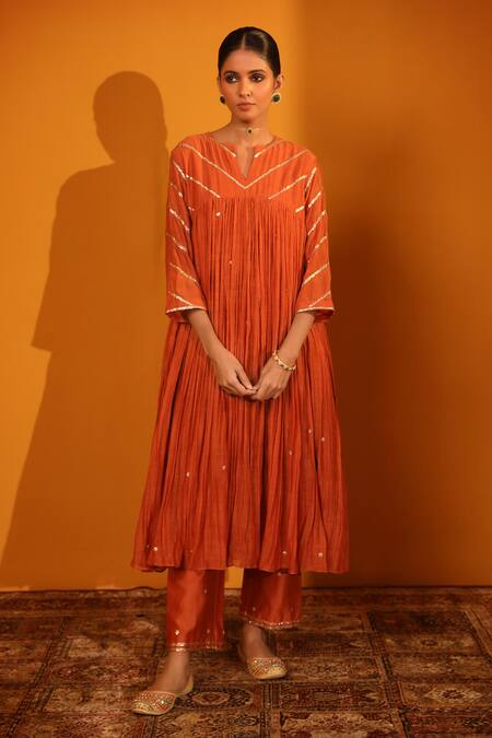 Buy_Sitaraa_Orange Chanderi, Silk Organza Embroidery, Ankan Gathered Anarkali Pant Set _Online_at_Aza_Fashions