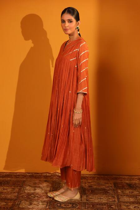 Shop_Sitaraa_Orange Chanderi, Silk Organza Embroidery, Ankan Gathered Anarkali Pant Set _Online_at_Aza_Fashions