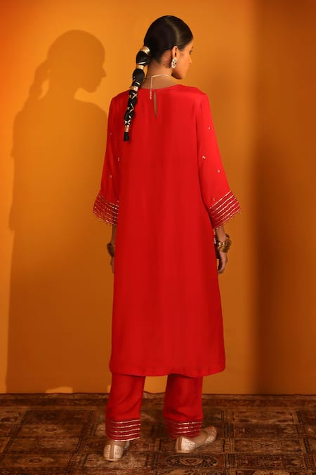 Shop_Sitaraa_Red Chanderi, Silk Organza Beads, Embroidery Round Neck Alp Hand Kurta Pant Set _at_Aza_Fashions