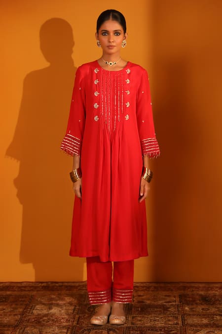 Shop_Sitaraa_Red Chanderi, Silk Organza Beads, Embroidery Round Neck Alp Hand Kurta Pant Set _Online_at_Aza_Fashions