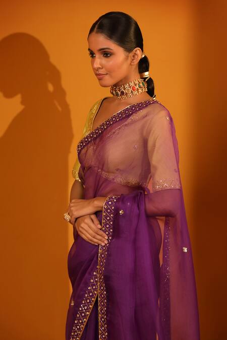 Sitaraa_Purple Chanderi, Silk Organza Embroidery V-neck Moh Saree With Blouse _Online_at_Aza_Fashions