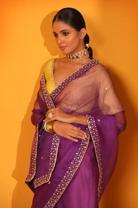 Shop_Sitaraa_Purple Chanderi, Silk Organza Embroidery V-neck Moh Saree With Blouse _Online_at_Aza_Fashions