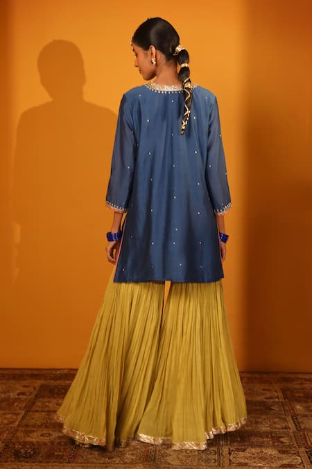 Shop_Sitaraa_Blue Chanderi, Silk Organza Sequins Round Aakriti Embroidered Kurta Sharara Set _at_Aza_Fashions