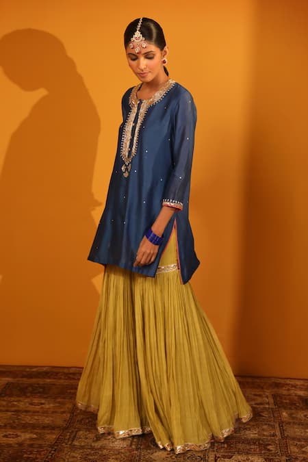Buy_Sitaraa_Blue Chanderi, Silk Organza Sequins Round Aakriti Embroidered Kurta Sharara Set _Online_at_Aza_Fashions