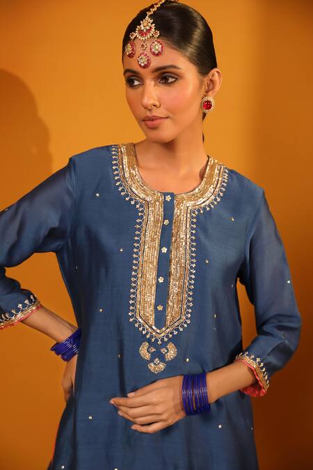 Shop_Sitaraa_Blue Chanderi, Silk Organza Sequins Round Aakriti Embroidered Kurta Sharara Set _Online_at_Aza_Fashions
