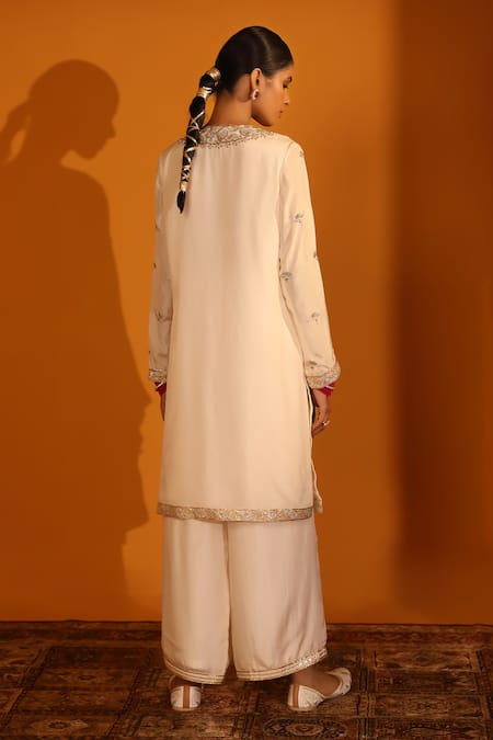 Shop_Sitaraa_Ivory Organza, Silk Sequins, Gota Roop Floral Embroidered Kurta Palazzo Set _at_Aza_Fashions