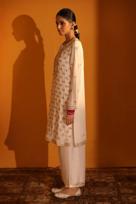 Shop_Sitaraa_Ivory Organza, Silk Sequins, Gota Roop Floral Embroidered Kurta Palazzo Set _Online_at_Aza_Fashions