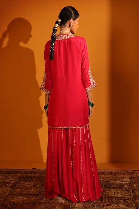 Shop_Sitaraa_Fuchsia Organza, Silk Sequins, Embroidery Round Neck Rani Kurta Sharara Set _at_Aza_Fashions