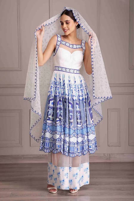 Alpona Designs By Soham Acharya Blue Cotton, Net Embroidery Square Neck Palace Print Anarkali And Flared Pant Set Online at Aza Fashions Alpona Designs By Soham Acharya_Blue Cotton, Net Embroidery Square Neck Palace Print Anarkali And Flared Pant Set _Online_at_Aza_Fashions