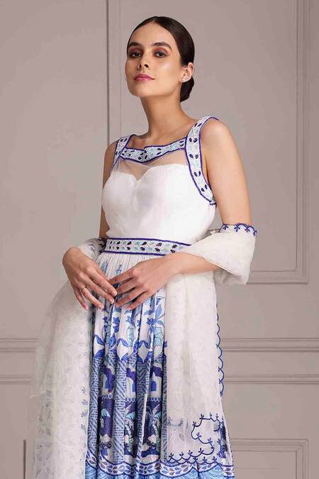 Buy Alpona Designs By Soham Acharya Blue Cotton, Net Embroidery Square Neck Palace Print Anarkali And Flared Pant Set Online at Aza Fashions Buy_Alpona Designs By Soham Acharya_Blue Cotton, Net Embroidery Square Neck Palace Print Anarkali And Flared Pant Set _Online_at_Aza_Fashions
