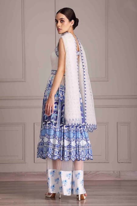 Shop Alpona Designs By Soham Acharya Blue Cotton, Net Embroidery Square Neck Palace Print Anarkali And Flared Pant Set Online at Aza Fashions Shop_Alpona Designs By Soham Acharya_Blue Cotton, Net Embroidery Square Neck Palace Print Anarkali And Flared Pant Set _Online_at_Aza_Fashions