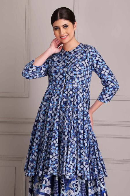 Alpona Designs By Soham Acharya_Blue Cotton, Silk Round Neck Gathered Peplum Anarkali And Palace Print Skirt Set _Online_at_Aza_Fashions