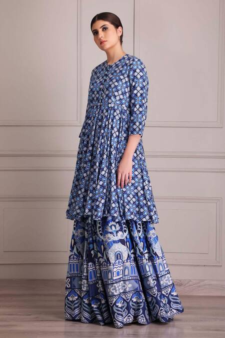 Buy_Alpona Designs By Soham Acharya_Blue Cotton, Silk Round Neck Gathered Peplum Anarkali And Palace Print Skirt Set _Online_at_Aza_Fashions