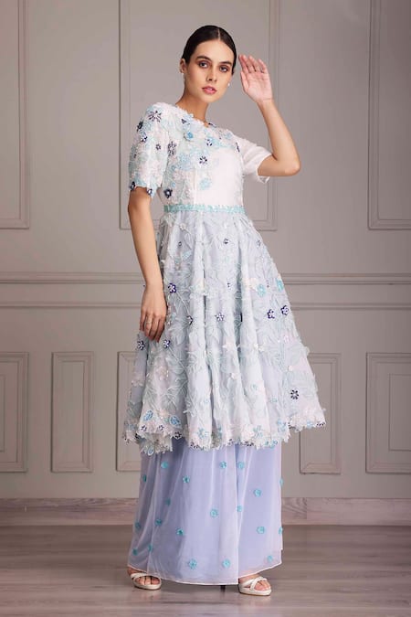 ALPONA DESIGNS BY SOHAM ACHARYA Blue Organza Embroidered Floral Round Anarkali And Flared Pant Set 