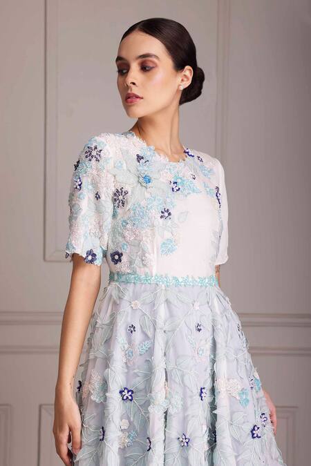 Alpona Designs By Soham Acharya Blue Organza, Net, Linen Embroidery Round Floral Anarkali And Flared Pant Set Online at Aza Fashions Alpona Designs By Soham Acharya_Blue Organza, Net, Linen Embroidery Round Floral Anarkali And Flared Pant Set _Online_at_Aza_Fashions