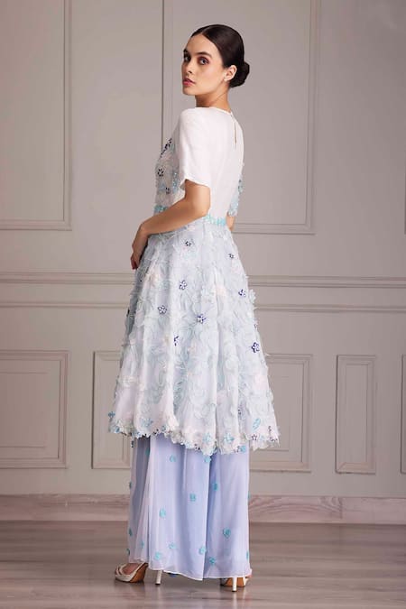 Buy Alpona Designs By Soham Acharya Blue Organza, Net, Linen Embroidery Round Floral Anarkali And Flared Pant Set Online at Aza Fashions Buy_Alpona Designs By Soham Acharya_Blue Organza, Net, Linen Embroidery Round Floral Anarkali And Flared Pant Set _Online_at_Aza_Fashions