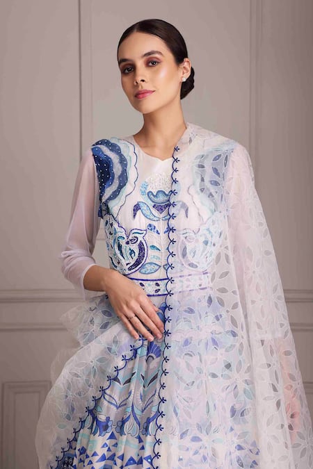 Alpona Designs By Soham Acharya_Blue Organza, Net, Linen Embroidery Palace Print Anarkali With Dupatta _Online_at_Aza_Fashions