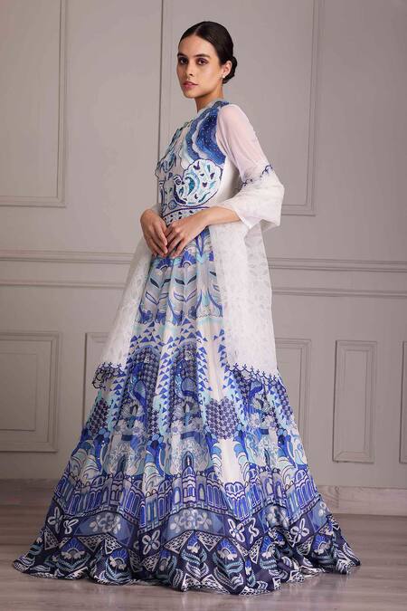 Buy_Alpona Designs By Soham Acharya_Blue Organza, Net, Linen Embroidery Palace Print Anarkali With Dupatta _Online_at_Aza_Fashions
