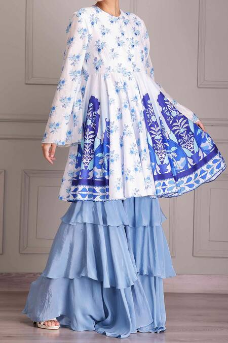 Alpona Designs By Soham Acharya_Blue Cotton, Silk, Crepe Palace Print Peplum Anarkali With Layered Sharara _Online_at_Aza_Fashions