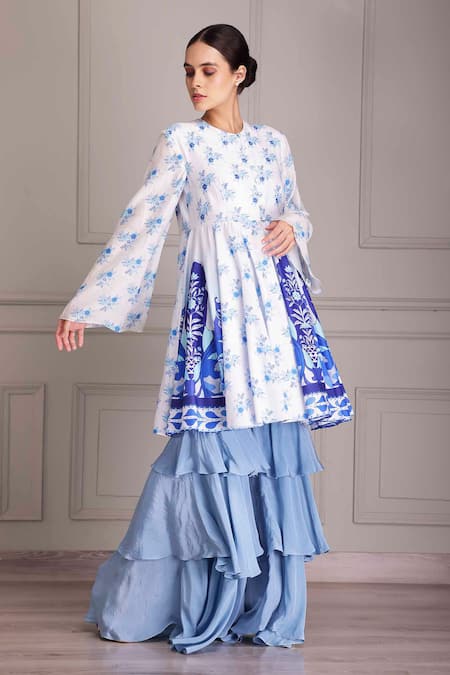 Buy_Alpona Designs By Soham Acharya_Blue Cotton, Silk, Crepe Palace Print Peplum Anarkali With Layered Sharara _Online_at_Aza_Fashions