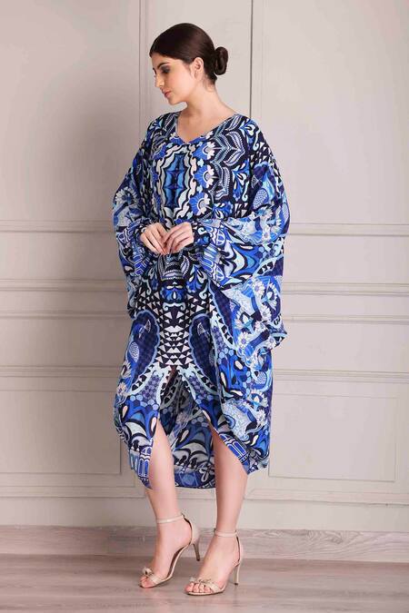 Buy_Alpona Designs By Soham Acharya_Blue Crepe Embroidery V-neck Palace Print V Kaftan Dress _Online_at_Aza_Fashions