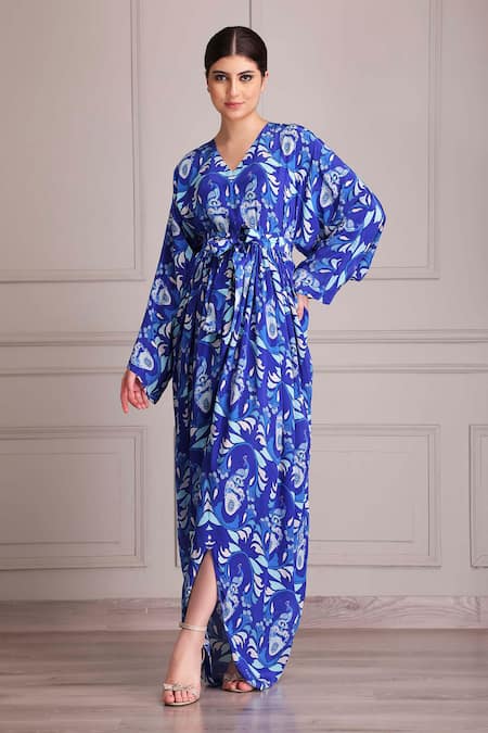 ALPONA DESIGNS BY SOHAM ACHARYA Blue Crepe Printed Palace V Neck Long Dress With Belt 