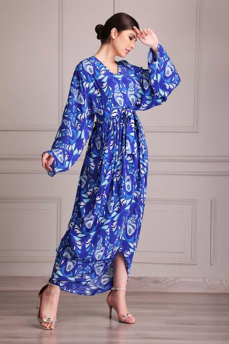 Buy_Alpona Designs By Soham Acharya_Blue Crepe V-neck Palace Print Long Dress With Belt _Online_at_Aza_Fashions