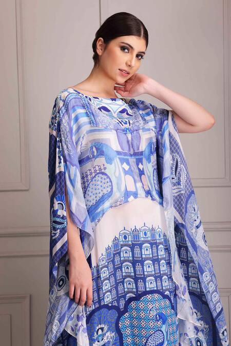 Alpona Designs By Soham Acharya_Blue Organza, Crepe Boat Neck Palace Print Layered Dress _Online_at_Aza_Fashions