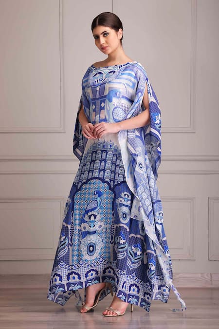Buy_Alpona Designs By Soham Acharya_Blue Organza, Crepe Boat Neck Palace Print Layered Dress _Online_at_Aza_Fashions
