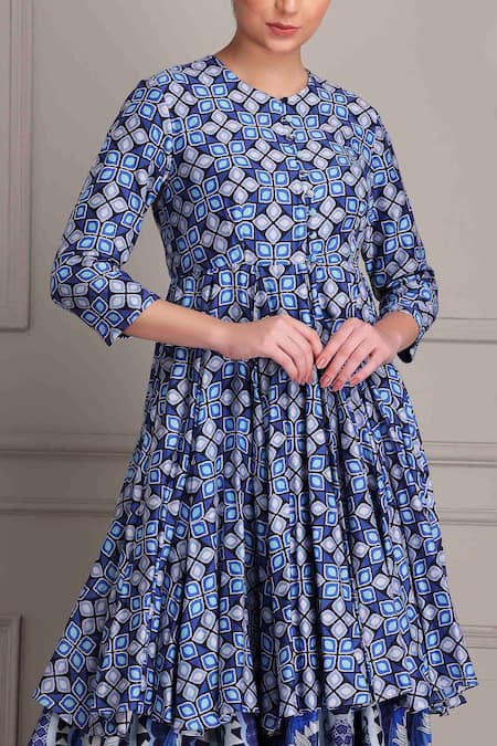 Alpona Designs By Soham Acharya_Blue Cotton Round Neck Palace Print Silk Peplum Dress _Online_at_Aza_Fashions