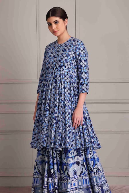 Buy_Alpona Designs By Soham Acharya_Blue Cotton Round Neck Palace Print Silk Peplum Dress _Online_at_Aza_Fashions