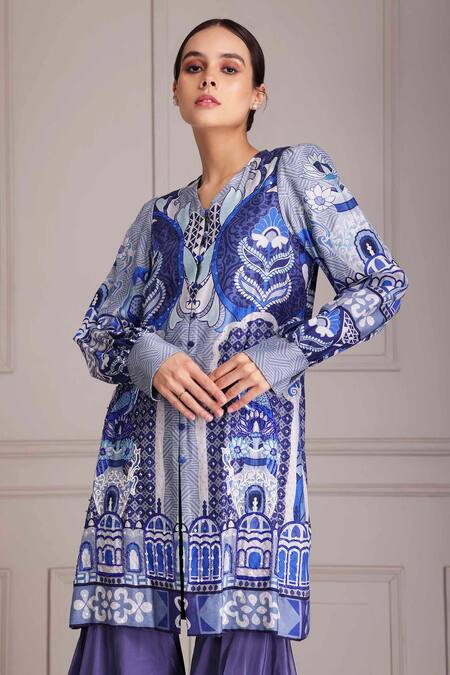 Buy_Alpona Designs By Soham Acharya_Blue Cotton, Silk V-neck Palace Print Tunic _Online_at_Aza_Fashions
