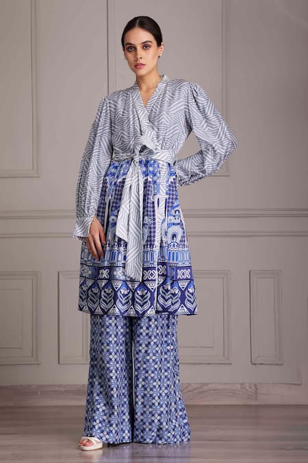 ALPONA DESIGNS BY SOHAM ACHARYA Blue Cotton Silk Printed Palace Lapel Wrap Dress
