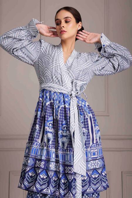 Alpona Designs By Soham Acharya_Blue Cotton, Silk Collared Palace Print Wrap Dress _Online_at_Aza_Fashions