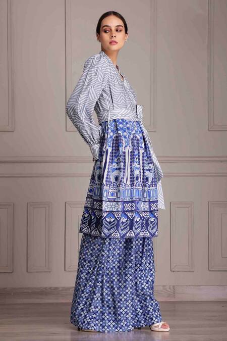 Buy_Alpona Designs By Soham Acharya_Blue Cotton, Silk Collared Palace Print Wrap Dress _Online_at_Aza_Fashions