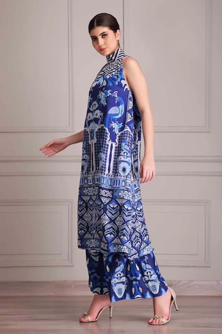 Buy_Alpona Designs By Soham Acharya_Blue Cotton, Silk Embroidery Halter Neck Palace Print Tunic _Online_at_Aza_Fashions