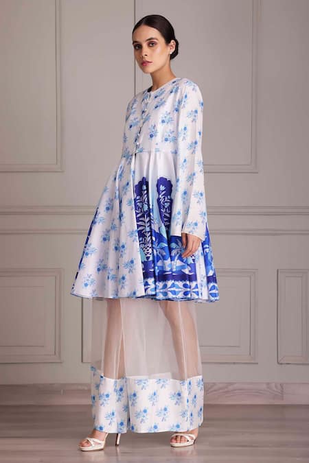 Buy_Alpona Designs By Soham Acharya_White Cotton, Silk Embroidery Round Neck Floral Printed Peplum Tunic _Online_at_Aza_Fashions