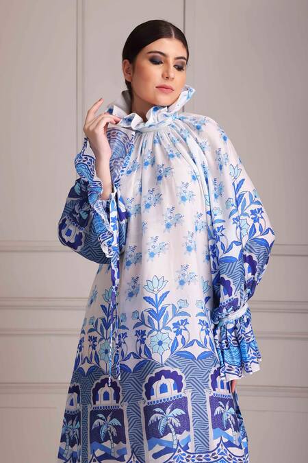 Alpona Designs By Soham Acharya White Cotton, Silk Embroidery Round Neck Palace Print Ruffle Dress Online at Aza Fashions Alpona Designs By Soham Acharya_White Cotton, Silk Embroidery Round Neck Palace Print Ruffle Dress _Online_at_Aza_Fashions