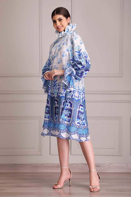 Buy Alpona Designs By Soham Acharya White Cotton, Silk Embroidery Round Neck Palace Print Ruffle Dress Online at Aza Fashions Buy_Alpona Designs By Soham Acharya_White Cotton, Silk Embroidery Round Neck Palace Print Ruffle Dress _Online_at_Aza_Fashions