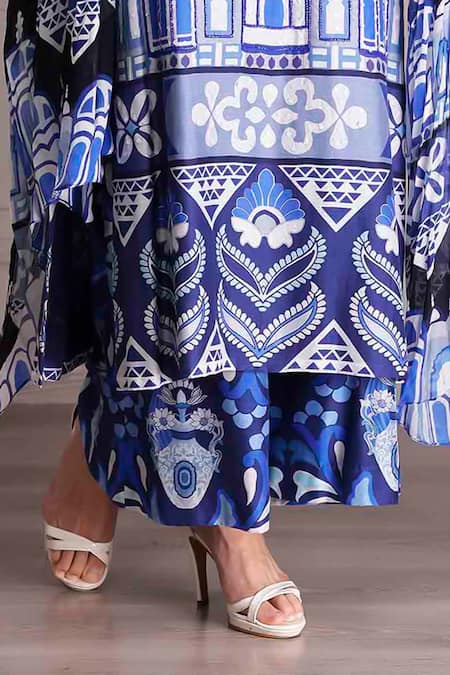 Buy_Alpona Designs By Soham Acharya_Blue Cotton, Chiffon, Silk Beads, Embroidery Round Palace Print Kurta Pant Set _Online_at_Aza_Fashions