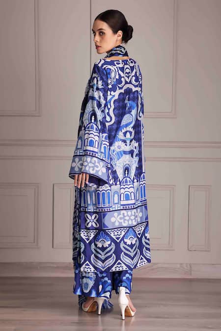 Shop_Alpona Designs By Soham Acharya_Blue Cotton, Chiffon, Silk Beads, Embroidery Round Palace Print Kurta Pant Set _Online_at_Aza_Fashions