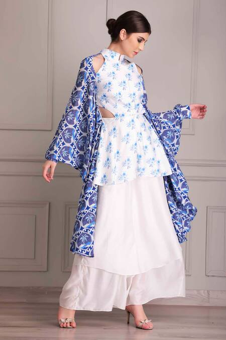 Buy_Alpona Designs By Soham Acharya_White Crepe, Cotton, Silk Embroidery Floral And Palace Print Panelled Jumpsuit _Online_at_Aza_Fashions