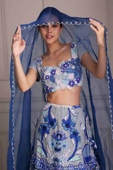 Alpona Designs By Soham Acharya_Blue Organza, Linen Beads, Sequins, Embroidery Palace Print Lehenga Set _Online_at_Aza_Fashions