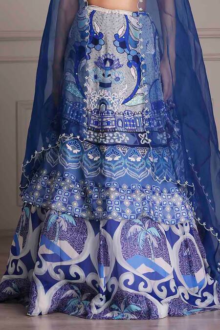 Buy_Alpona Designs By Soham Acharya_Blue Organza, Linen Beads, Sequins, Embroidery Palace Print Lehenga Set _Online_at_Aza_Fashions
