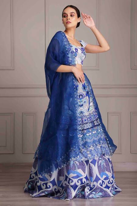 Shop_Alpona Designs By Soham Acharya_Blue Organza, Linen Beads, Sequins, Embroidery Palace Print Lehenga Set _Online_at_Aza_Fashions
